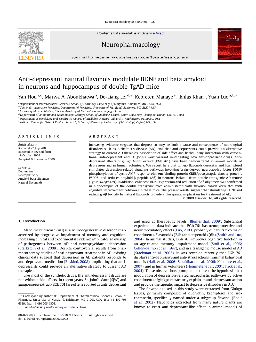 Anti-depressant natural flavonols modulate BDNF and beta amyloid in neurons and hippocampus of double TgAD mice