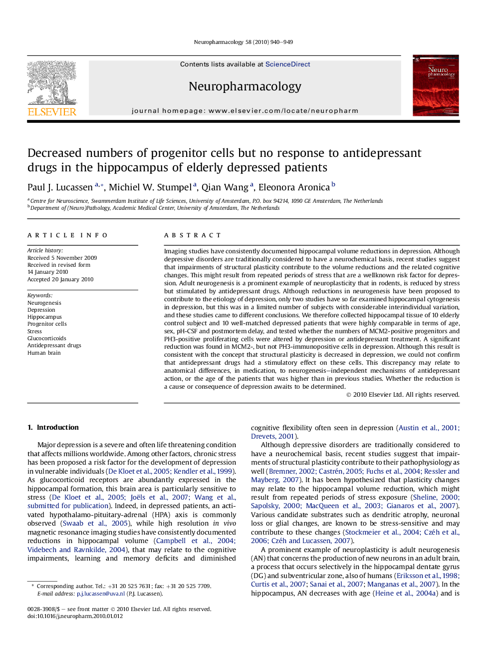 Decreased numbers of progenitor cells but no response to antidepressant drugs in the hippocampus of elderly depressed patients