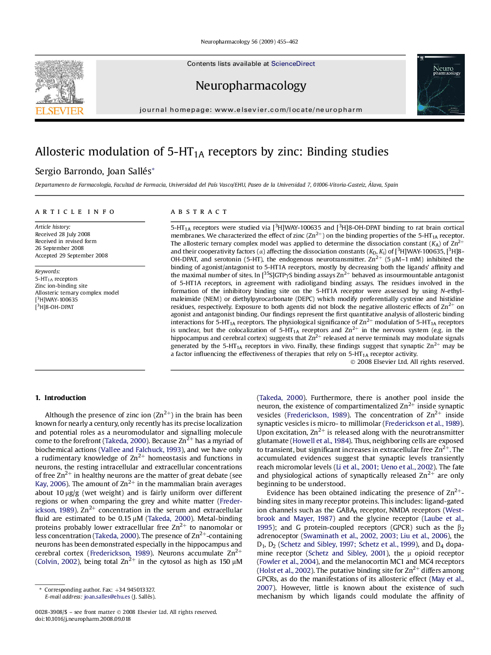 Allosteric modulation of 5-HT1A receptors by zinc: Binding studies