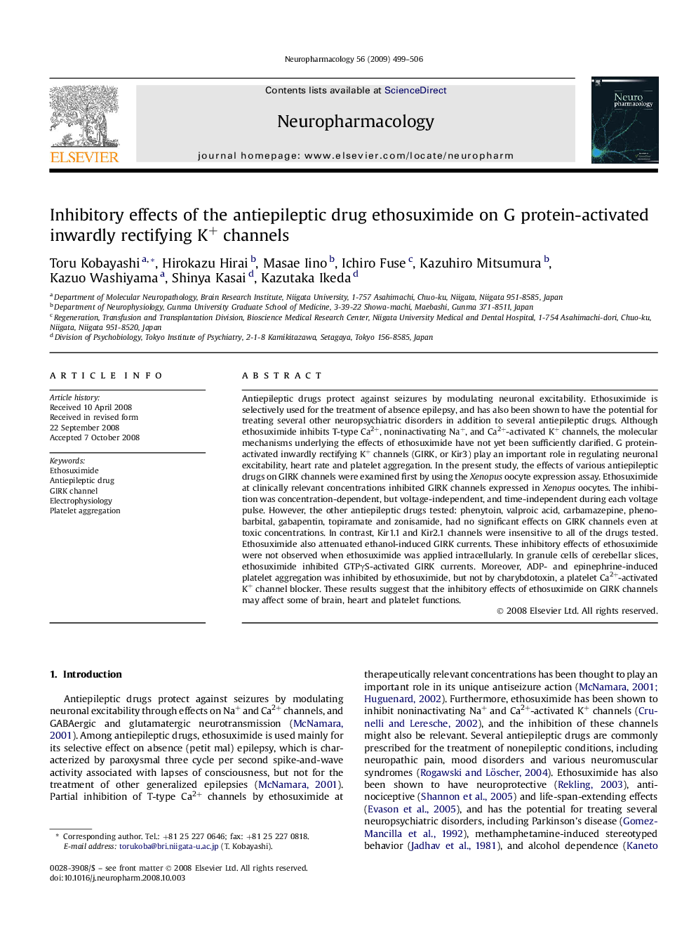 Inhibitory effects of the antiepileptic drug ethosuximide on G protein-activated inwardly rectifying K+ channels