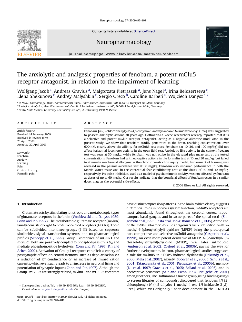 The anxiolytic and analgesic properties of fenobam, a potent mGlu5 receptor antagonist, in relation to the impairment of learning