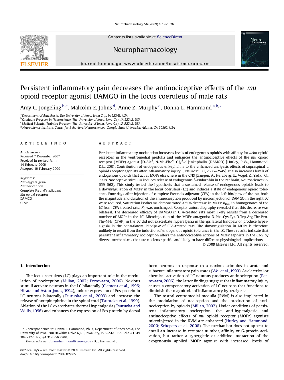 Persistent inflammatory pain decreases the antinociceptive effects of the mu opioid receptor agonist DAMGO in the locus coeruleus of male rats