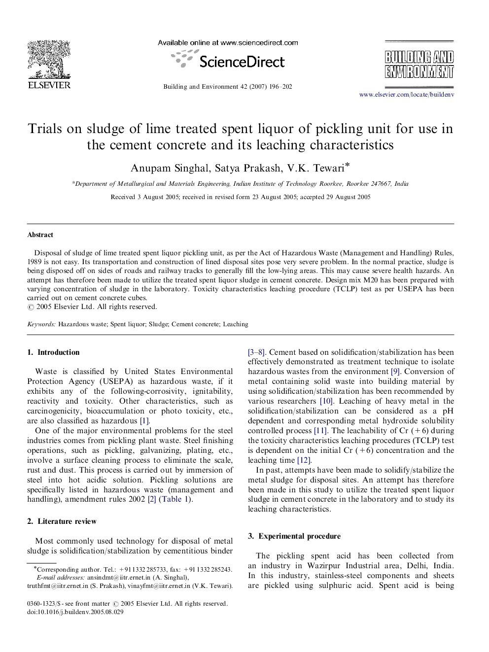 Trials on sludge of lime treated spent liquor of pickling unit for use in the cement concrete and its leaching characteristics