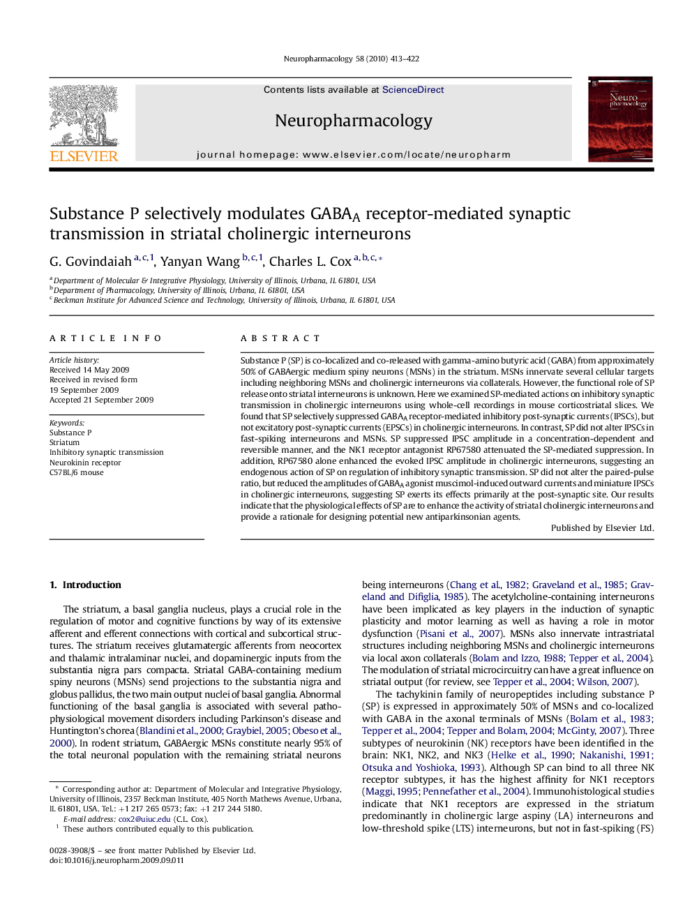 Substance P selectively modulates GABAA receptor-mediated synaptic transmission in striatal cholinergic interneurons