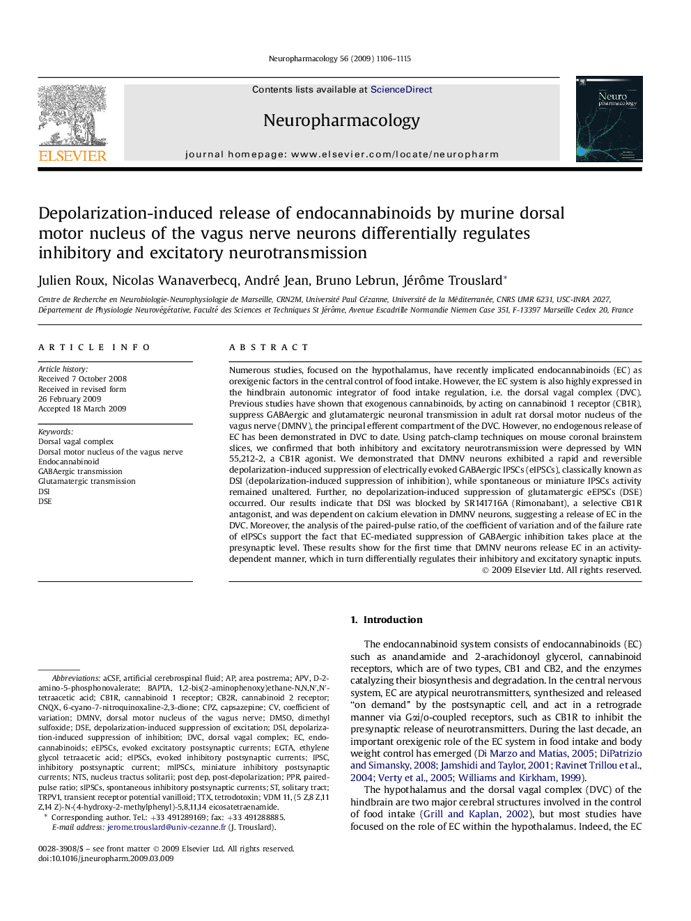 Depolarization-induced release of endocannabinoids by murine dorsal motor nucleus of the vagus nerve neurons differentially regulates inhibitory and excitatory neurotransmission