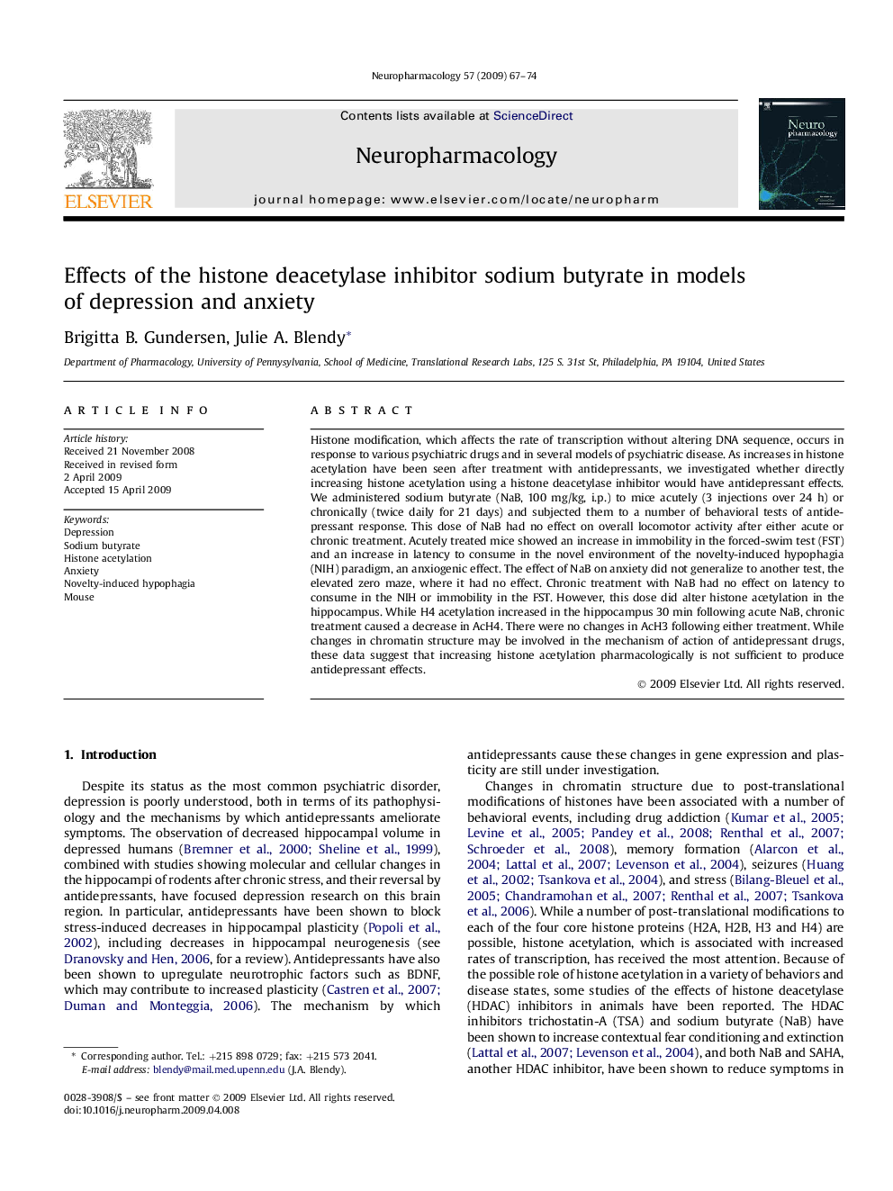 Effects of the histone deacetylase inhibitor sodium butyrate in models of depression and anxiety