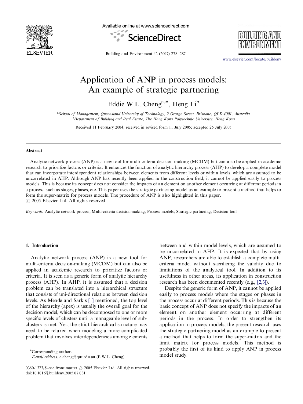 Application of ANP in process models: An example of strategic partnering