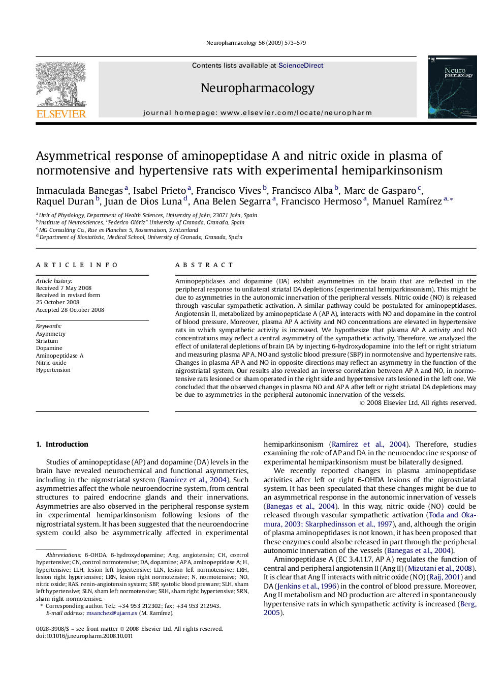 Asymmetrical response of aminopeptidase A and nitric oxide in plasma of normotensive and hypertensive rats with experimental hemiparkinsonism