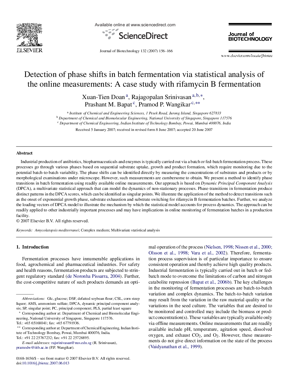 Detection of phase shifts in batch fermentation via statistical analysis of the online measurements: A case study with rifamycin B fermentation