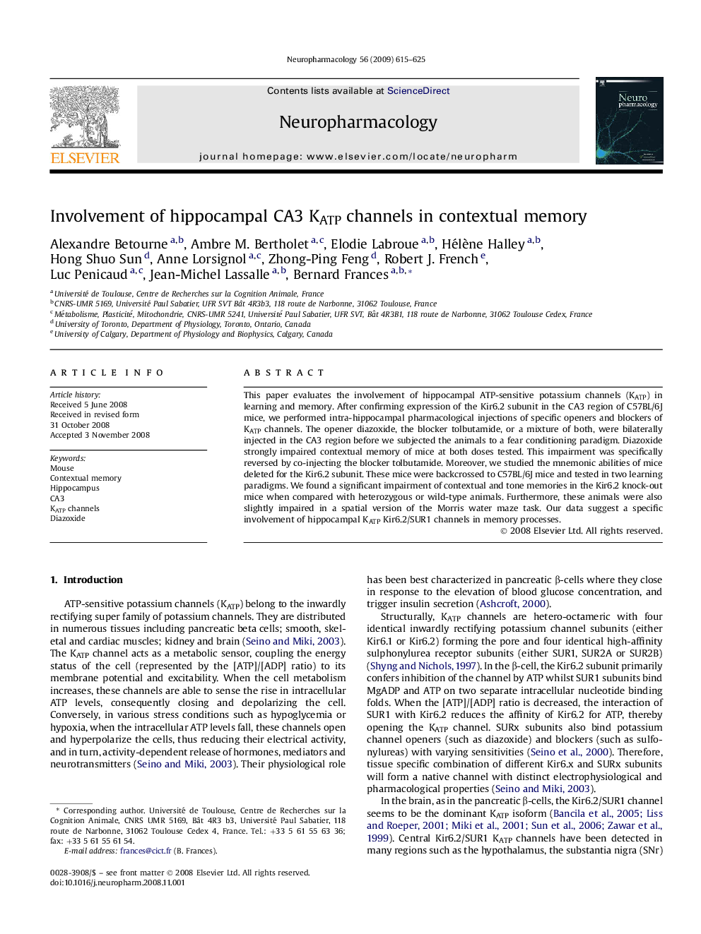 Involvement of hippocampal CA3 KATP channels in contextual memory