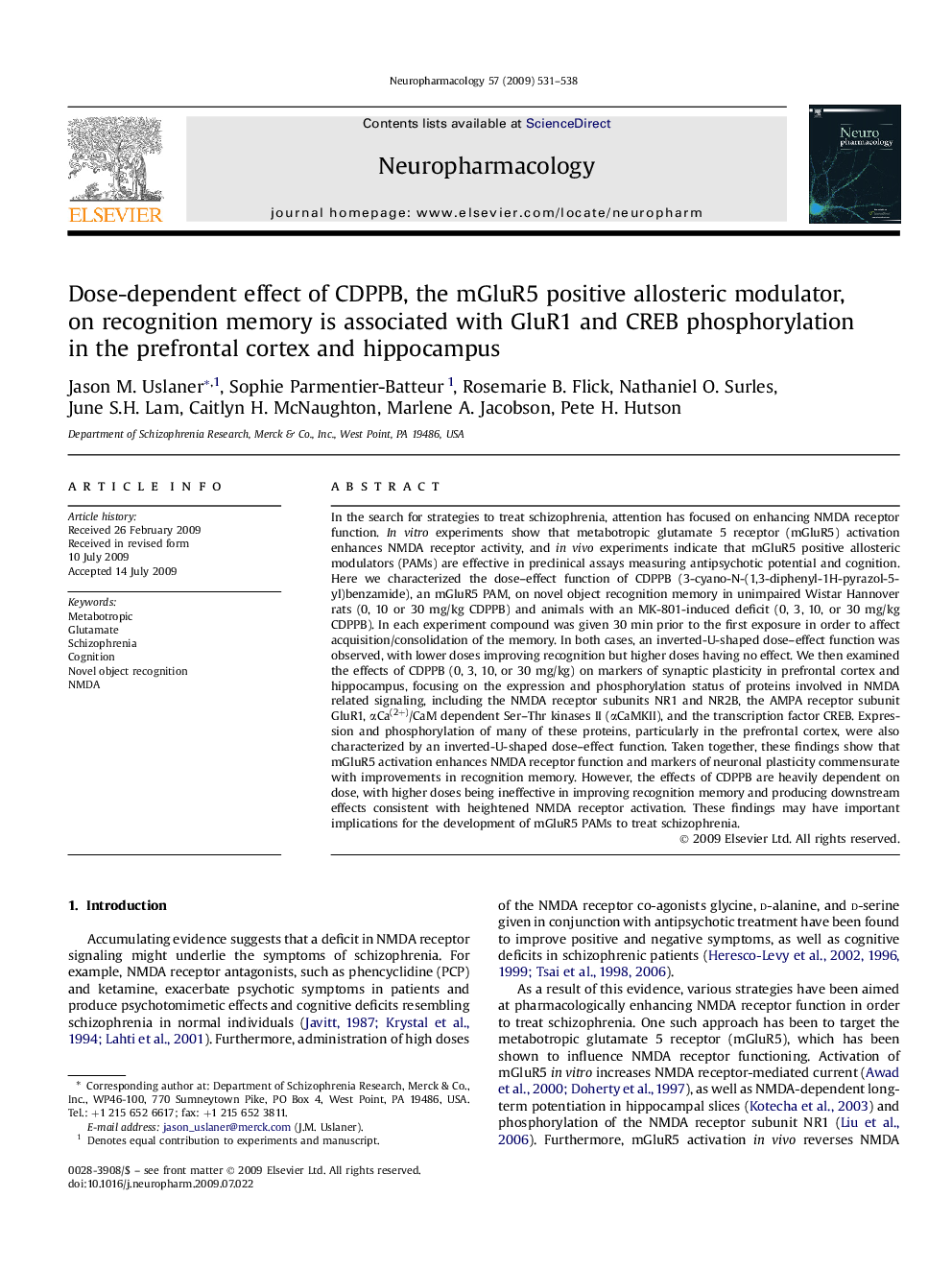 Dose-dependent effect of CDPPB, the mGluR5 positive allosteric modulator, on recognition memory is associated with GluR1 and CREB phosphorylation in the prefrontal cortex and hippocampus