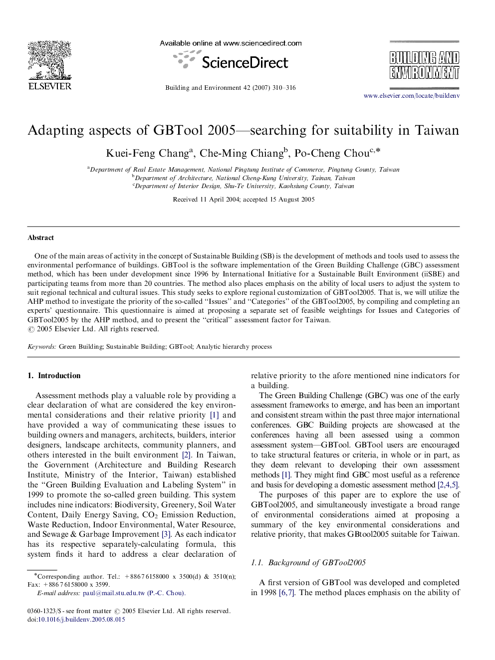 Adapting aspects of GBTool 2005—searching for suitability in Taiwan