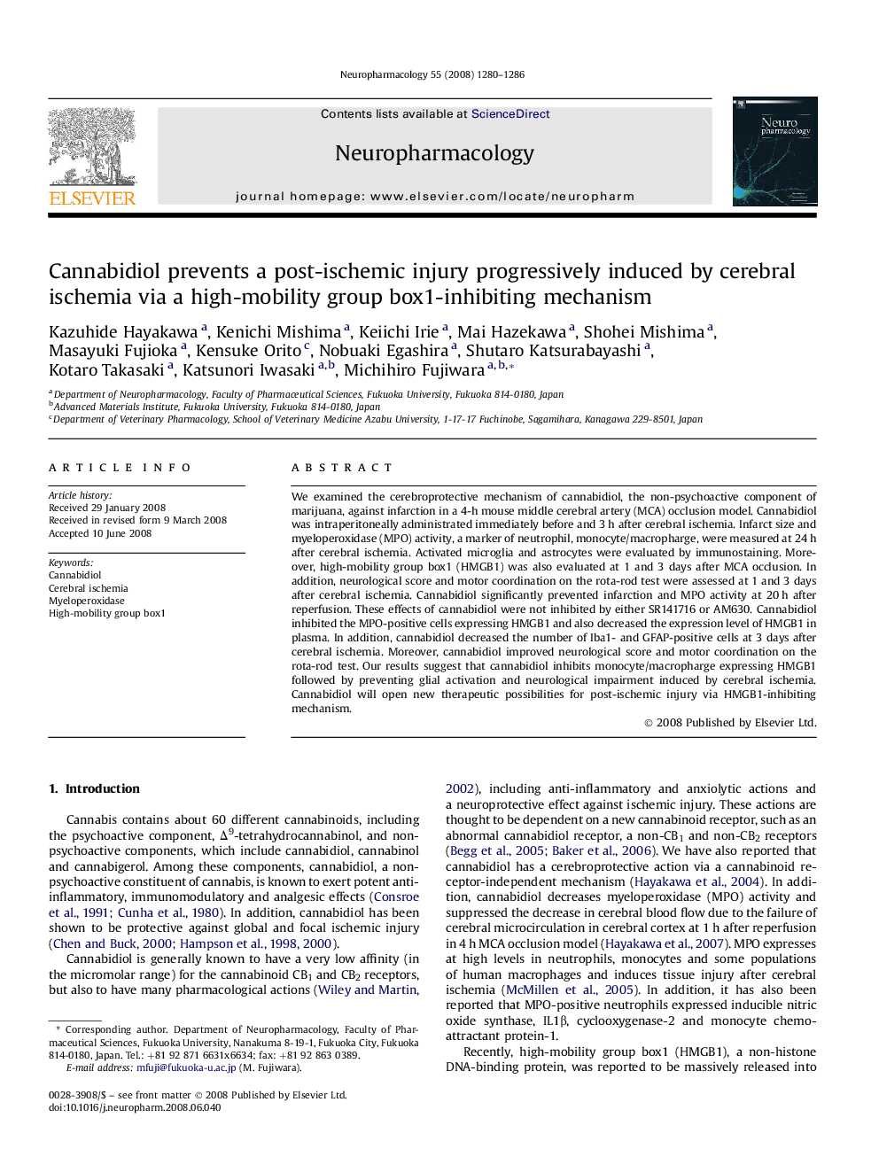 عکس صفحه اول مقاله: Cannabidiol prevents a post-ischemic injury progressively induced by cerebral ischemia via a high-mobility group box1-inhibiting mechanism Cannabidiol prevents a post-ischemic injury progressively induced by cerebral ischemia via a high-mobility group box1-inhibiting mechanism