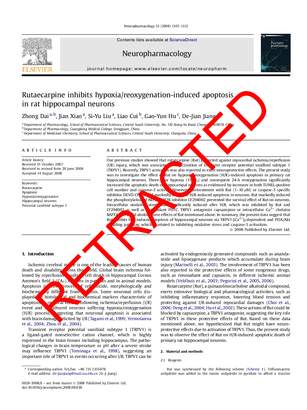 RETRACTED: Rutaecarpine inhibits hypoxia/reoxygenation-induced apoptosis in rat hippocampal neurons