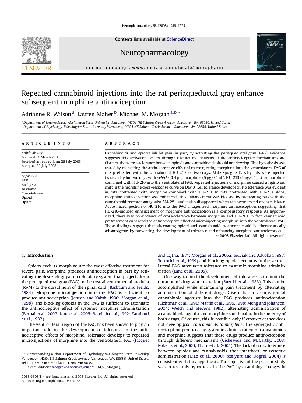 Repeated cannabinoid injections into the rat periaqueductal gray enhance subsequent morphine antinociception