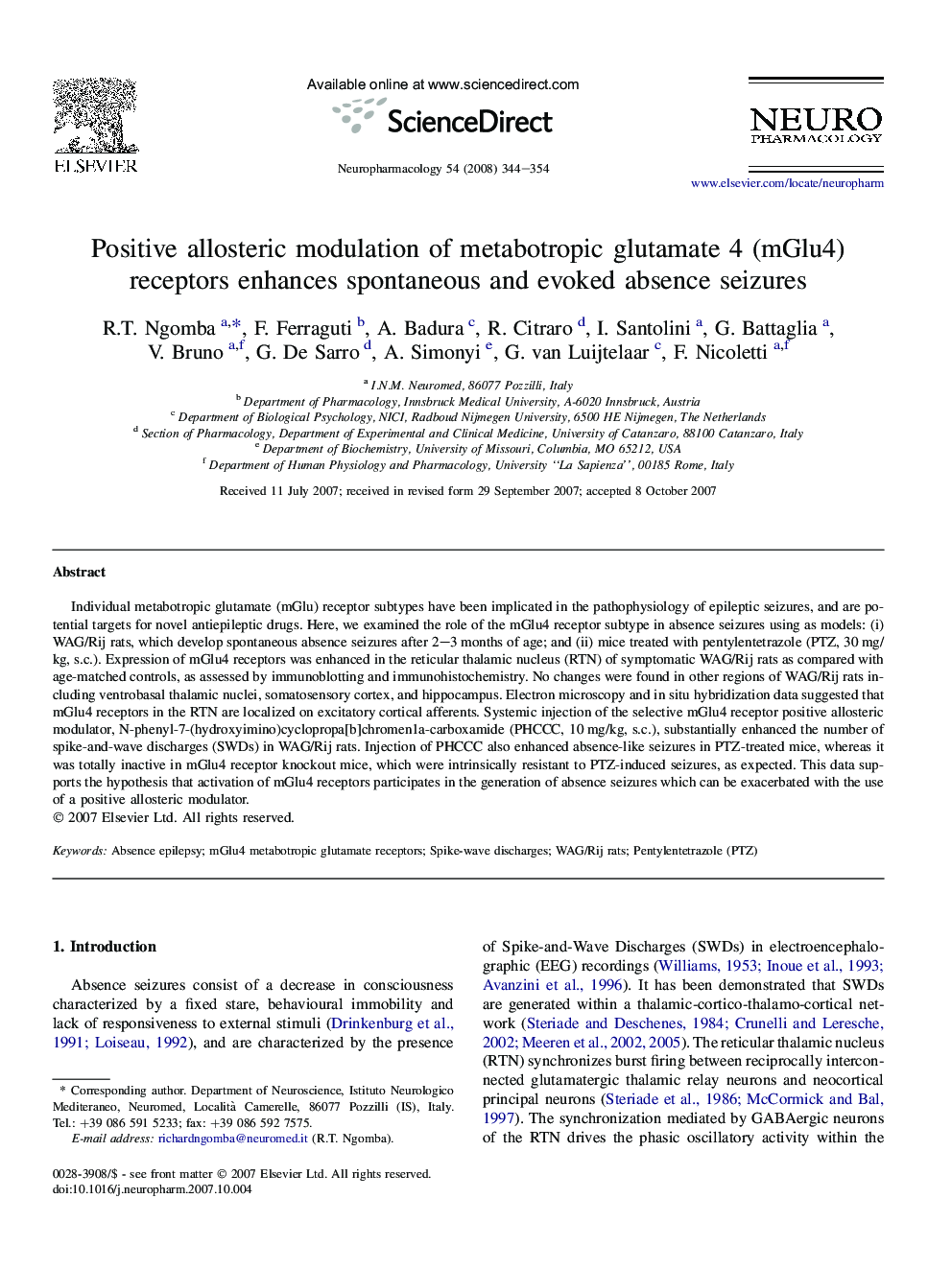 Positive allosteric modulation of metabotropic glutamate 4 (mGlu4) receptors enhances spontaneous and evoked absence seizures