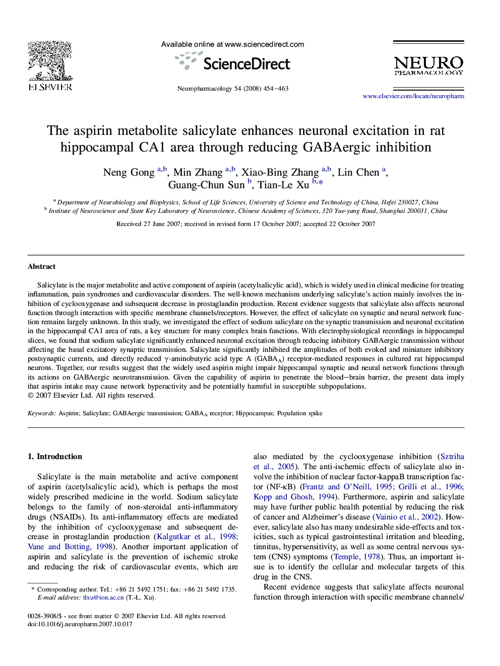 The aspirin metabolite salicylate enhances neuronal excitation in rat hippocampal CA1 area through reducing GABAergic inhibition