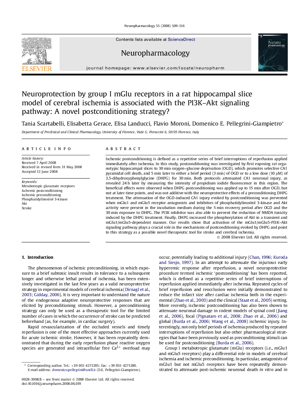 Neuroprotection by group I mGlu receptors in a rat hippocampal slice model of cerebral ischemia is associated with the PI3K–Akt signaling pathway: A novel postconditioning strategy?