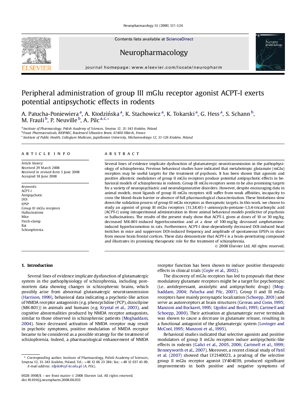 Peripheral administration of group III mGlu receptor agonist ACPT-I exerts potential antipsychotic effects in rodents