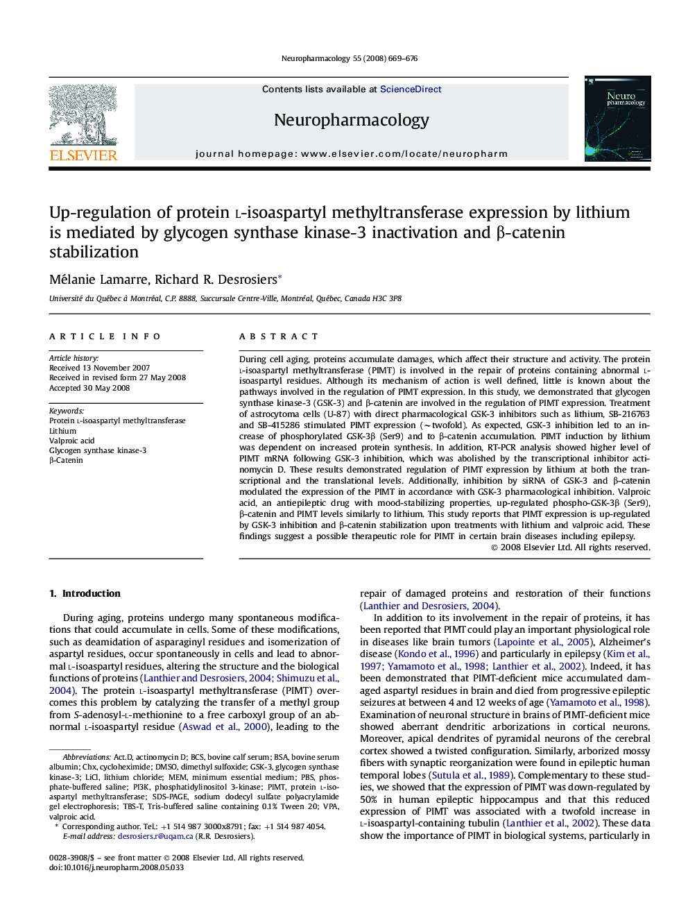 Up-regulation of protein l-isoaspartyl methyltransferase expression by lithium is mediated by glycogen synthase kinase-3 inactivation and β-catenin stabilization