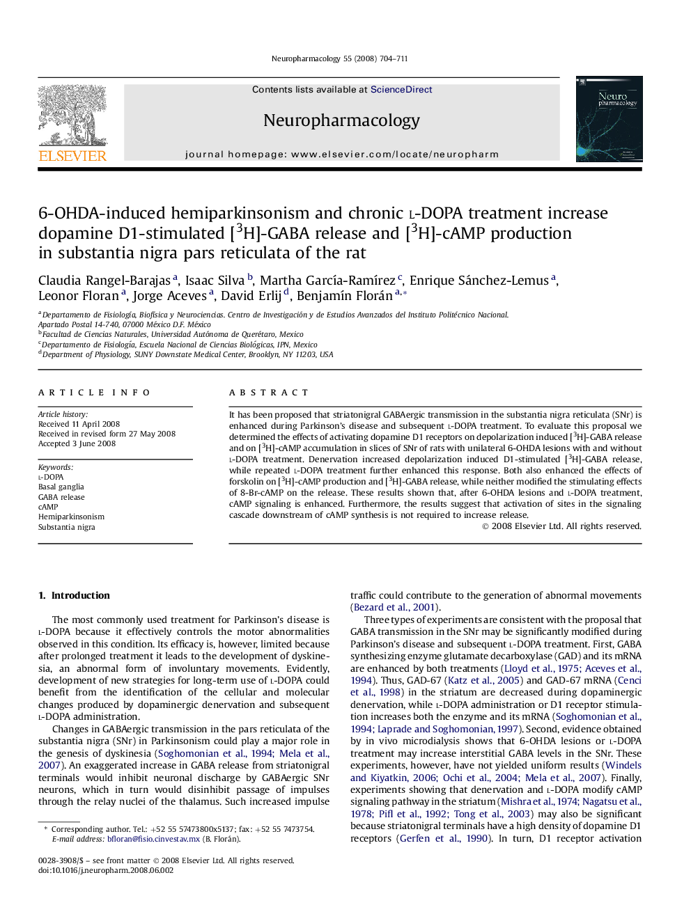 6-OHDA-induced hemiparkinsonism and chronic l-DOPA treatment increase dopamine D1-stimulated [3H]-GABA release and [3H]-cAMP production in substantia nigra pars reticulata of the rat