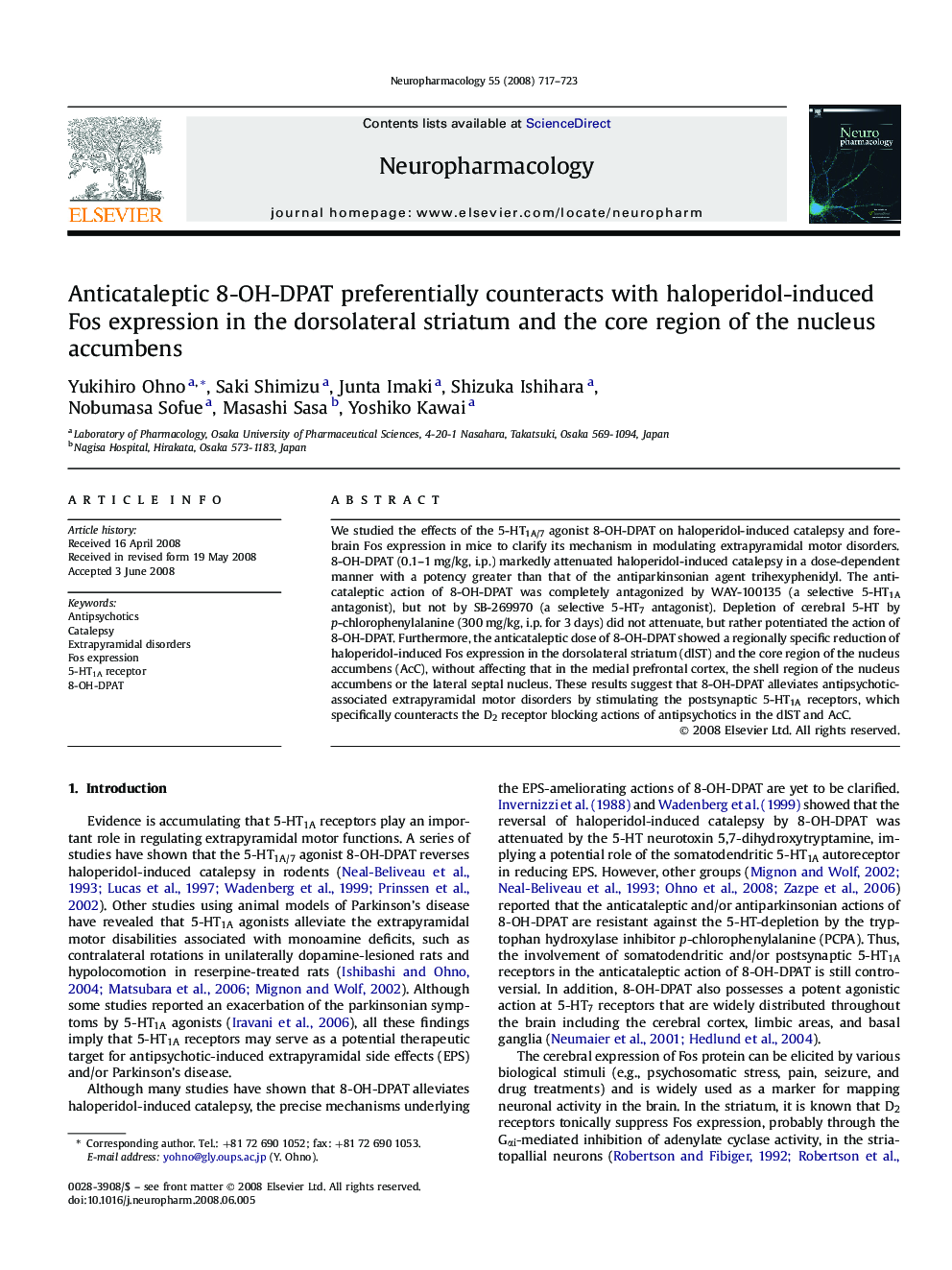 Anticataleptic 8-OH-DPAT preferentially counteracts with haloperidol-induced Fos expression in the dorsolateral striatum and the core region of the nucleus accumbens