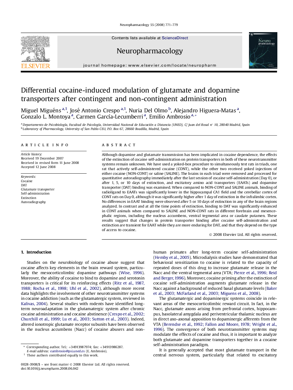 Differential cocaine-induced modulation of glutamate and dopamine transporters after contingent and non-contingent administration