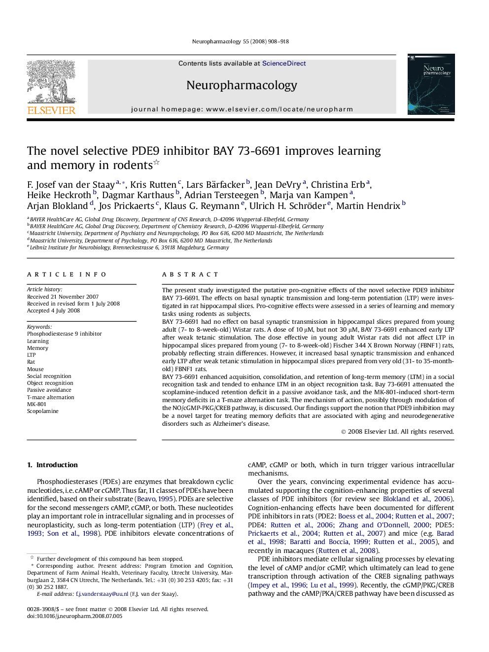 The novel selective PDE9 inhibitor BAY 73-6691 improves learning and memory in rodents 