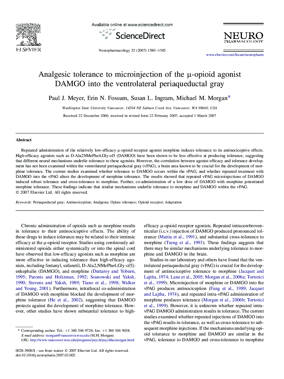 Analgesic tolerance to microinjection of the μ-opioid agonist DAMGO into the ventrolateral periaqueductal gray