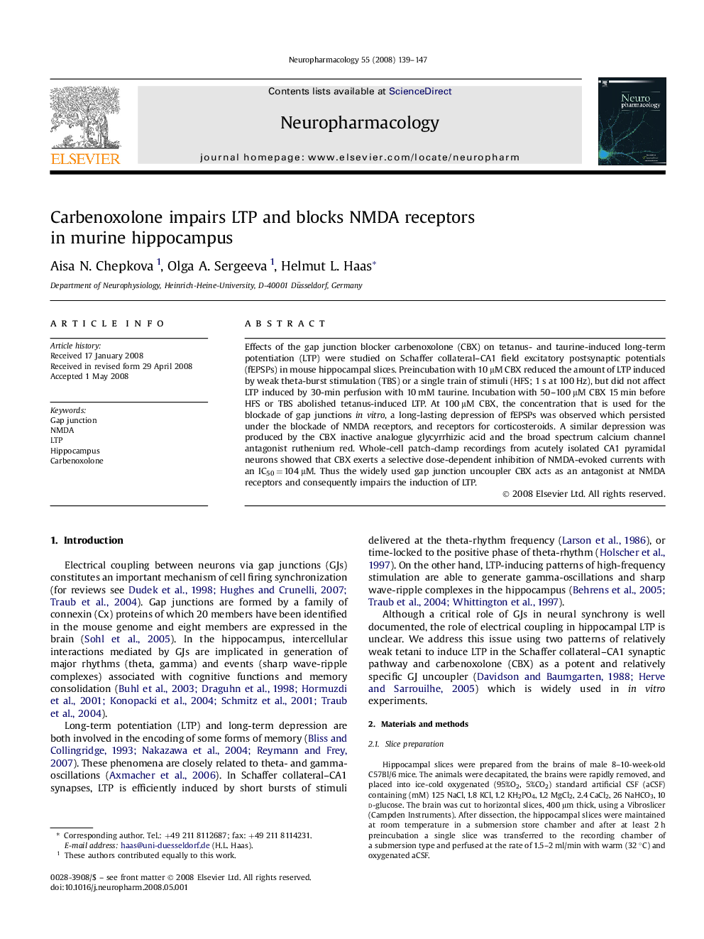 Carbenoxolone impairs LTP and blocks NMDA receptors in murine hippocampus