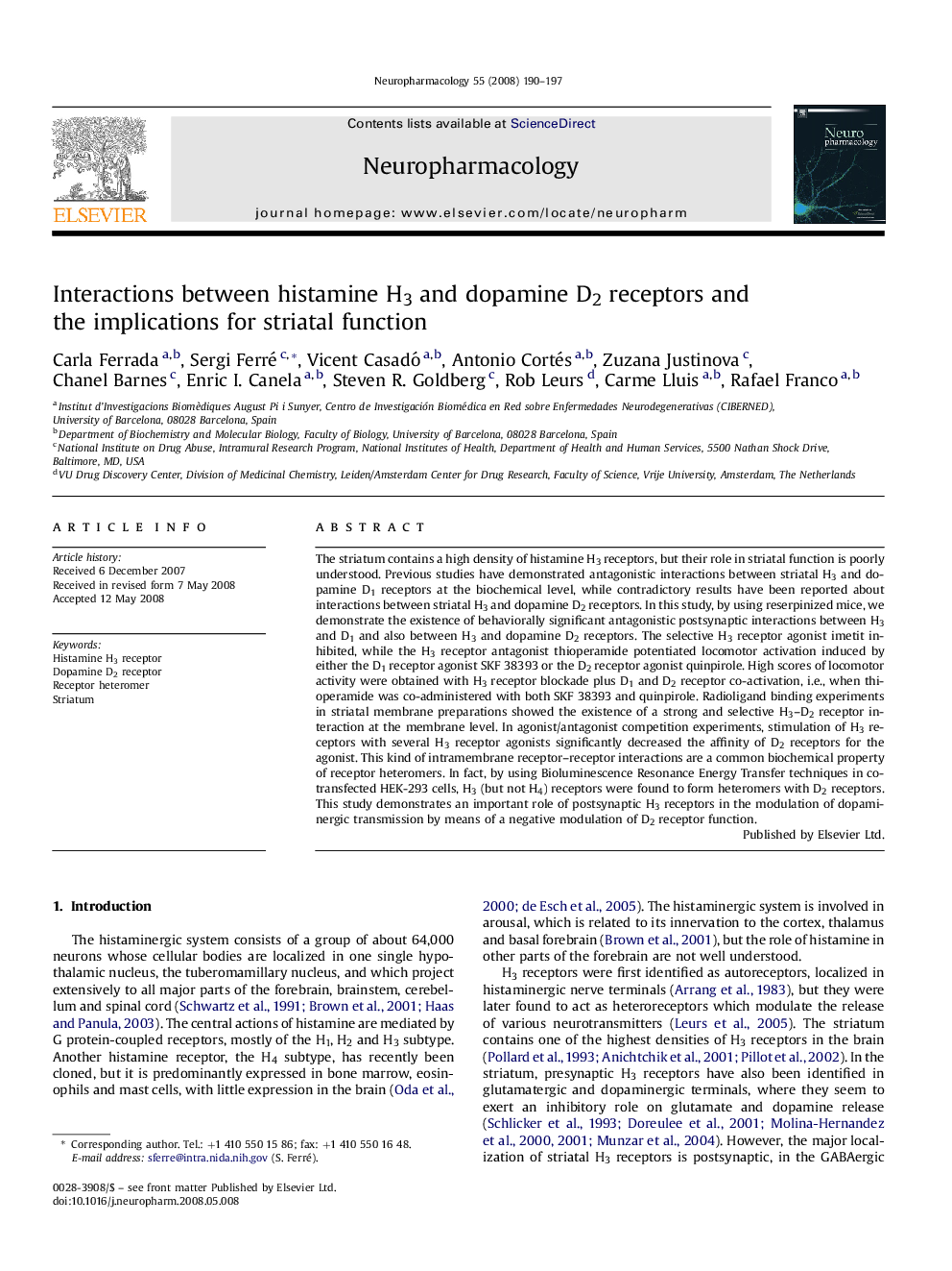 Interactions between histamine H3 and dopamine D2 receptors and the implications for striatal function