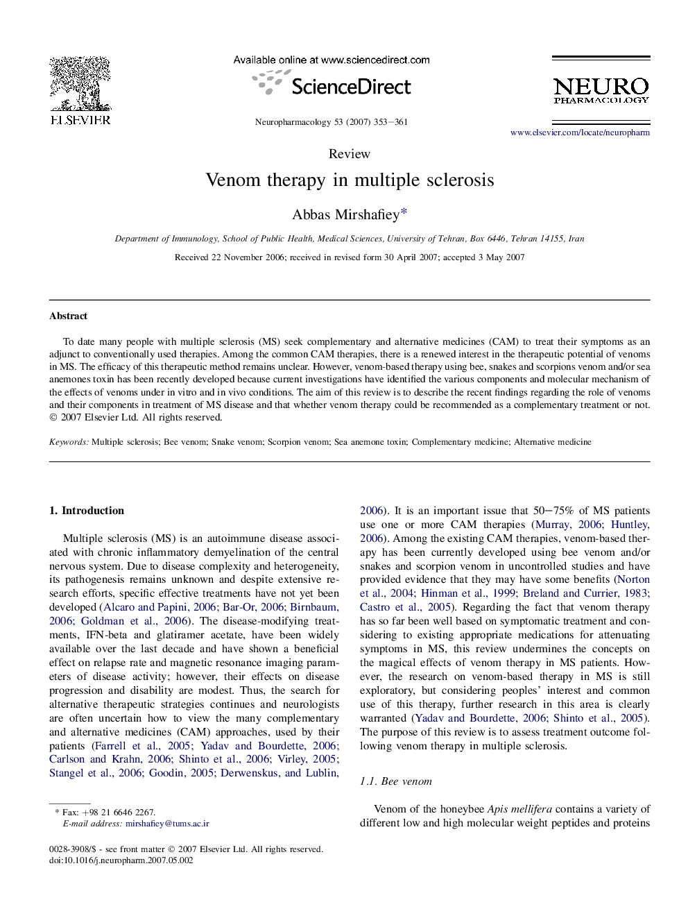 Venom therapy in multiple sclerosis