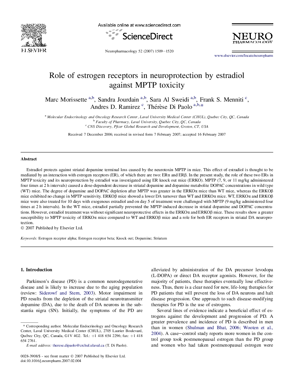 Role of estrogen receptors in neuroprotection by estradiol against MPTP toxicity