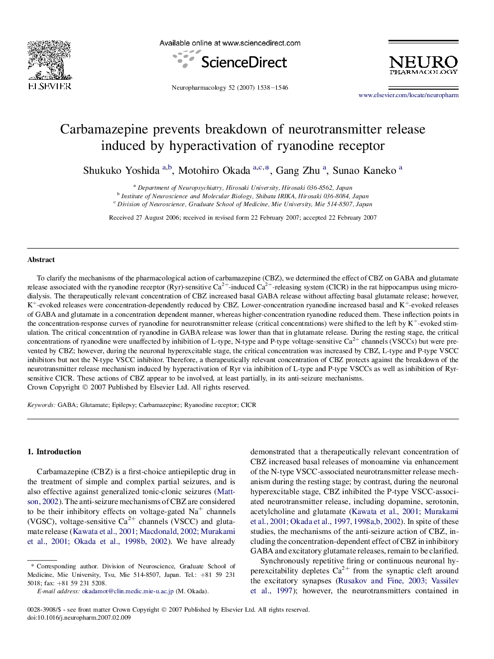 Carbamazepine prevents breakdown of neurotransmitter release induced by hyperactivation of ryanodine receptor