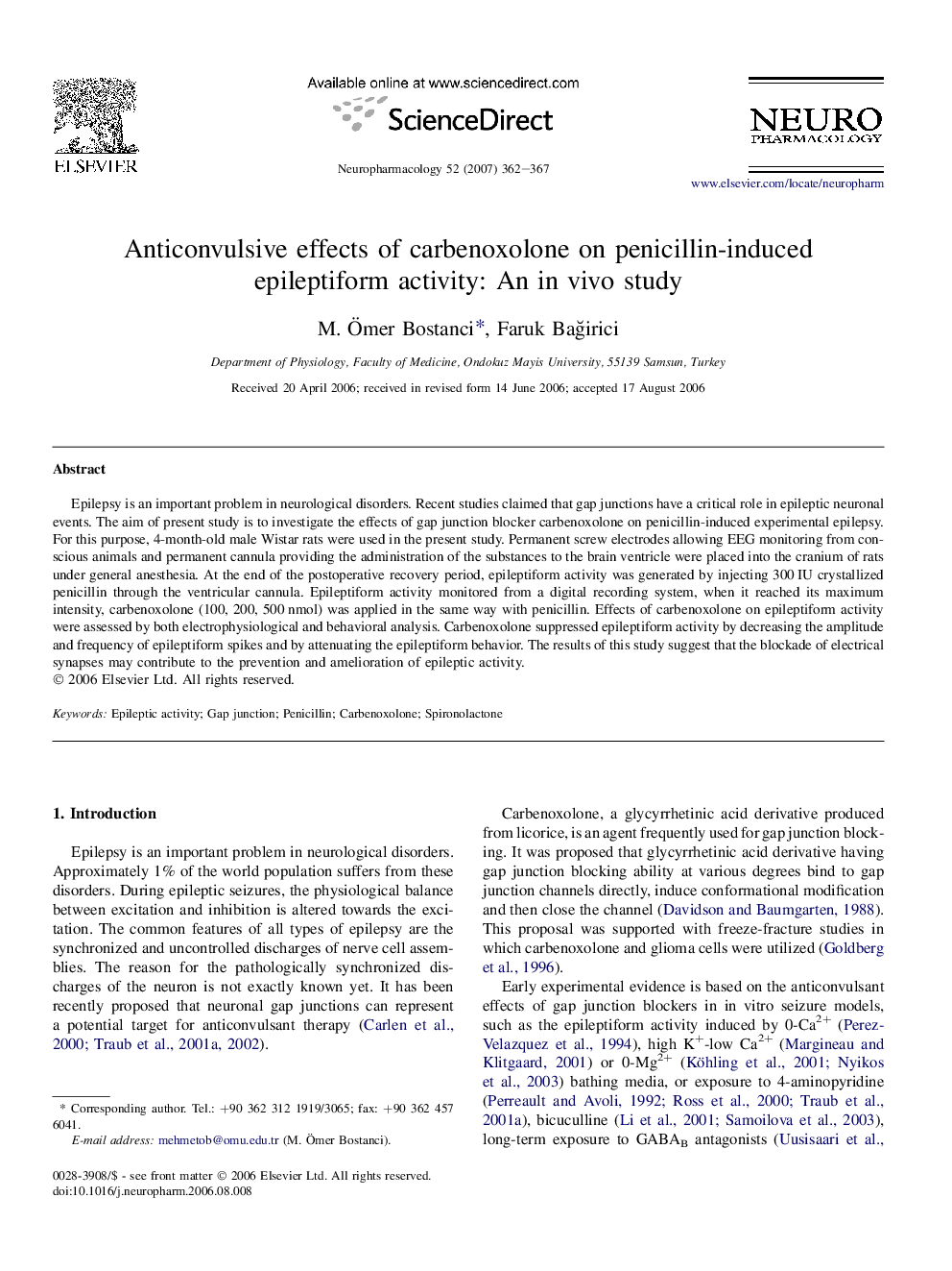 Anticonvulsive effects of carbenoxolone on penicillin-induced epileptiform activity: An in vivo study