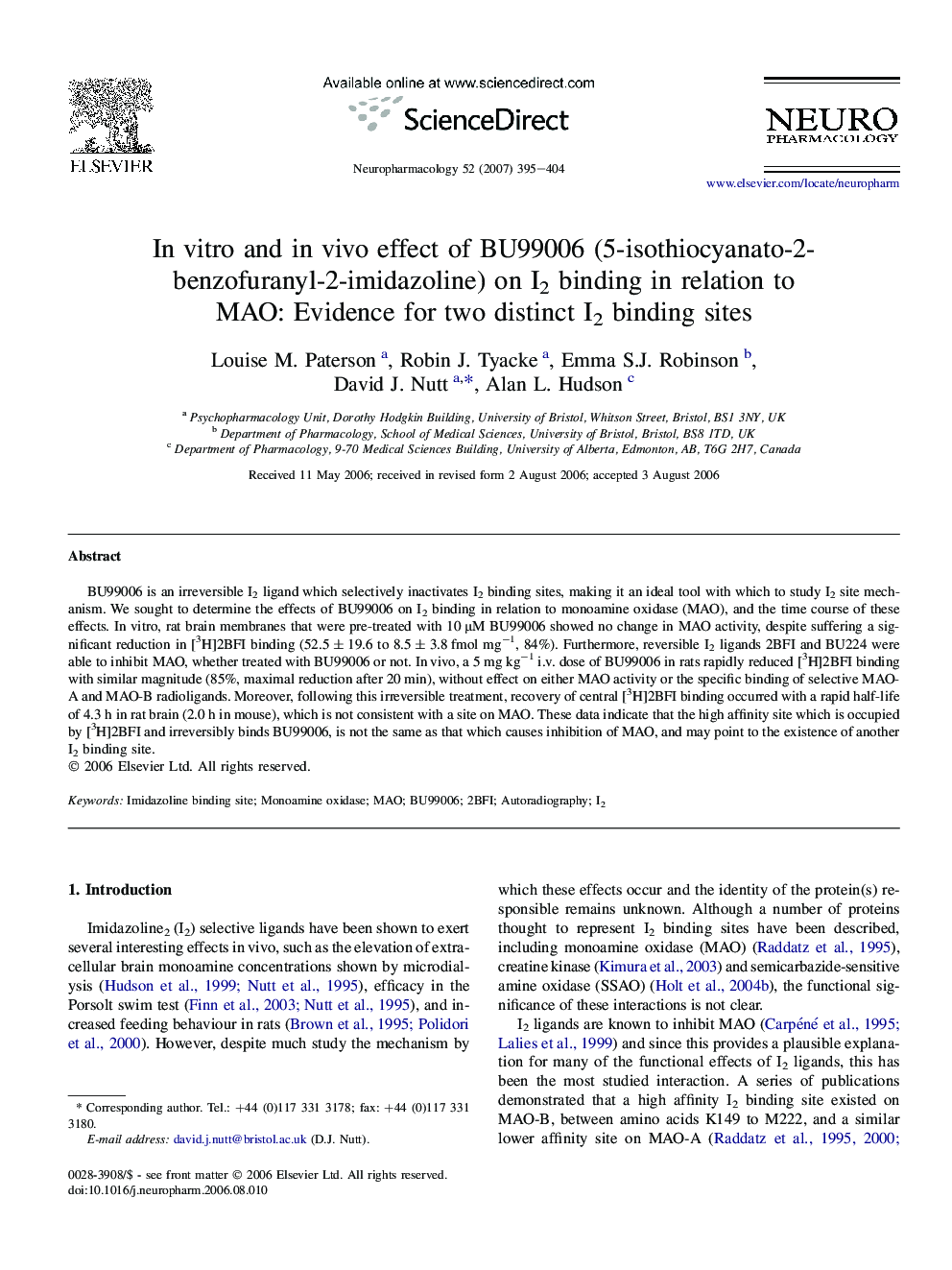 In vitro and in vivo effect of BU99006 (5-isothiocyanato-2-benzofuranyl-2-imidazoline) on I2 binding in relation to MAO: Evidence for two distinct I2 binding sites