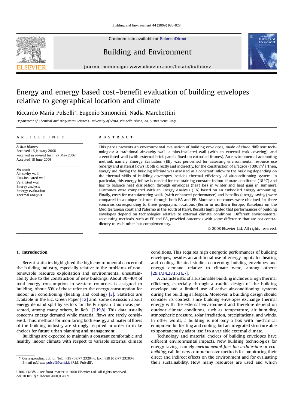 Energy and emergy based cost–benefit evaluation of building envelopes relative to geographical location and climate