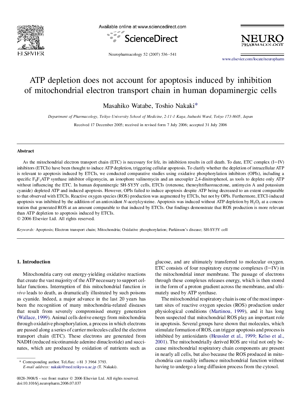 ATP depletion does not account for apoptosis induced by inhibition of mitochondrial electron transport chain in human dopaminergic cells