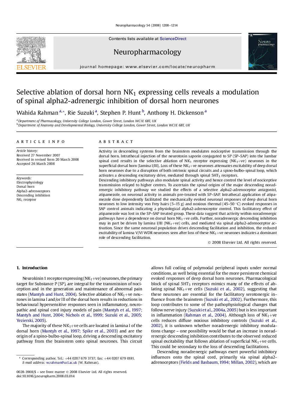 Selective ablation of dorsal horn NK1 expressing cells reveals a modulation of spinal alpha2-adrenergic inhibition of dorsal horn neurones