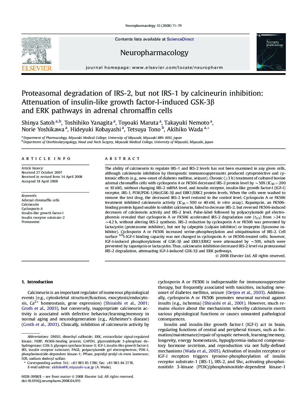 Proteasomal degradation of IRS-2, but not IRS-1 by calcineurin inhibition: Attenuation of insulin-like growth factor-I-induced GSK-3β and ERK pathways in adrenal chromaffin cells