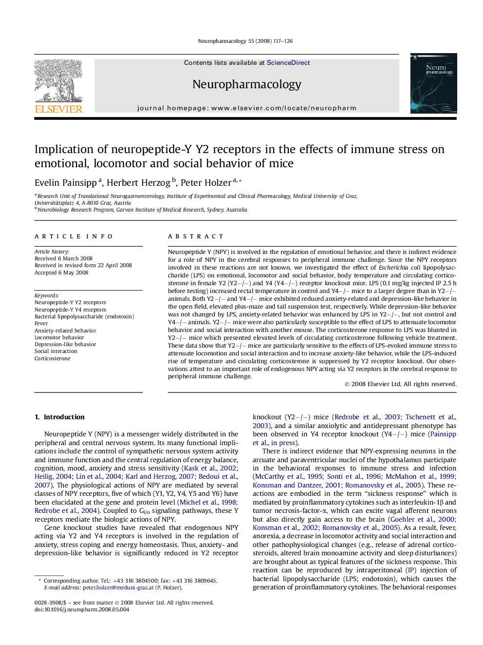 Implication of neuropeptide-Y Y2 receptors in the effects of immune stress on emotional, locomotor and social behavior of mice