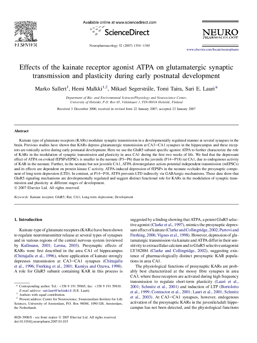 Effects of the kainate receptor agonist ATPA on glutamatergic synaptic transmission and plasticity during early postnatal development