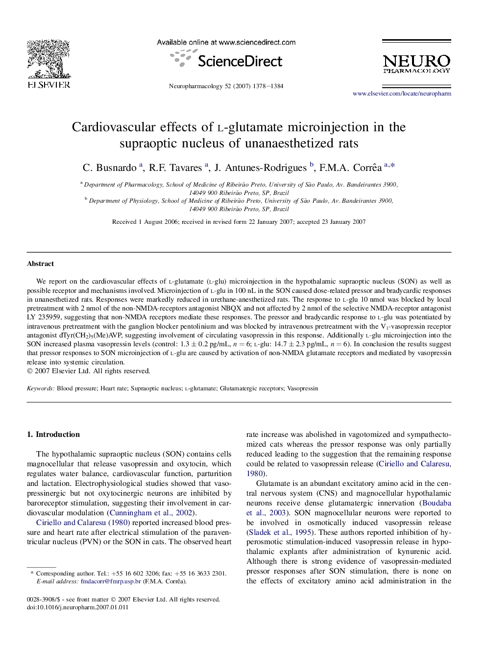 Cardiovascular effects of l-glutamate microinjection in the supraoptic nucleus of unanaesthetized rats