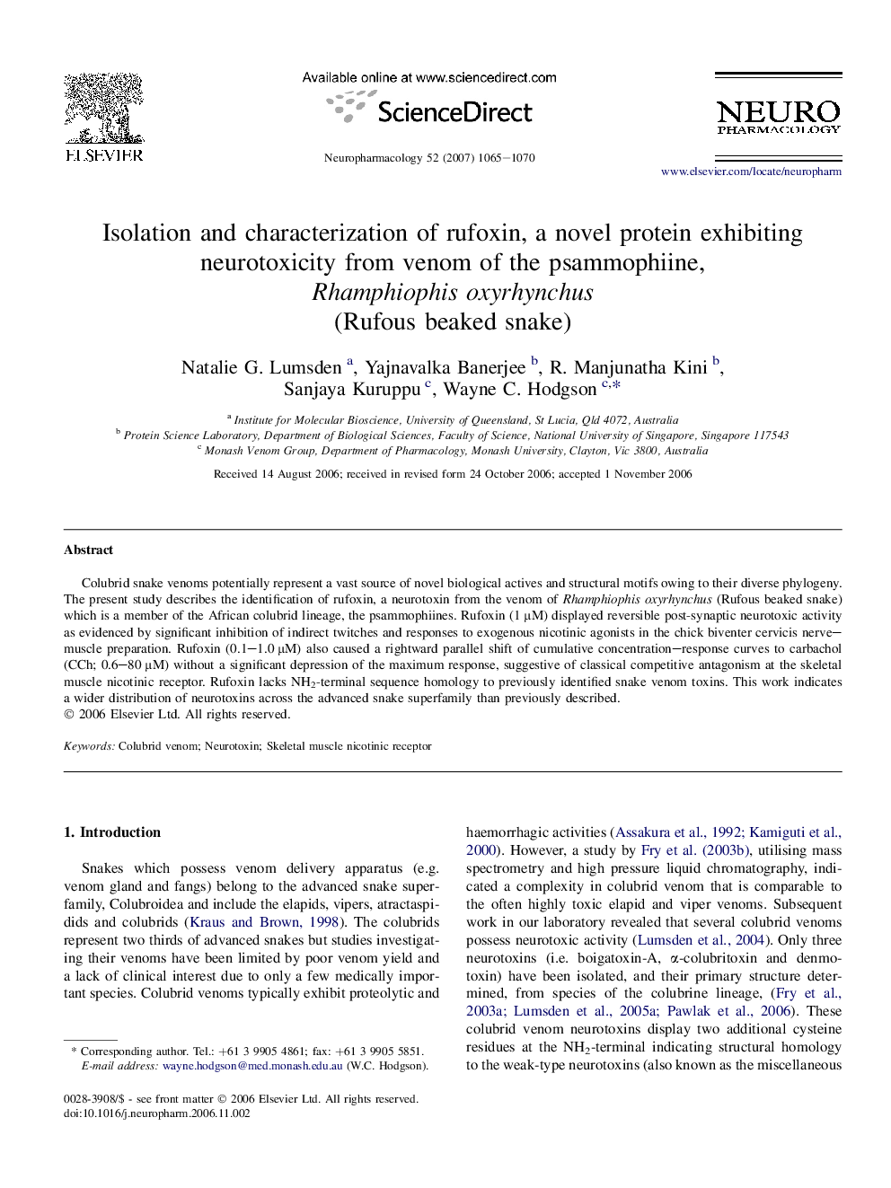 Isolation and characterization of rufoxin, a novel protein exhibiting neurotoxicity from venom of the psammophiine, Rhamphiophis oxyrhynchus (Rufous beaked snake)