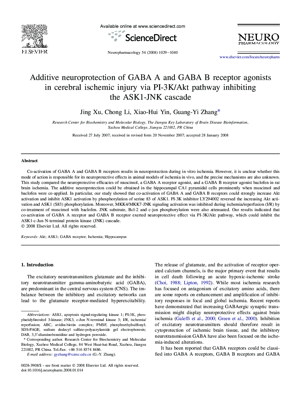 Additive neuroprotection of GABA A and GABA B receptor agonists in cerebral ischemic injury via PI-3K/Akt pathway inhibiting the ASK1-JNK cascade