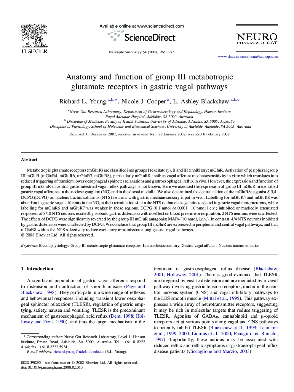 Anatomy and function of group III metabotropic glutamate receptors in gastric vagal pathways