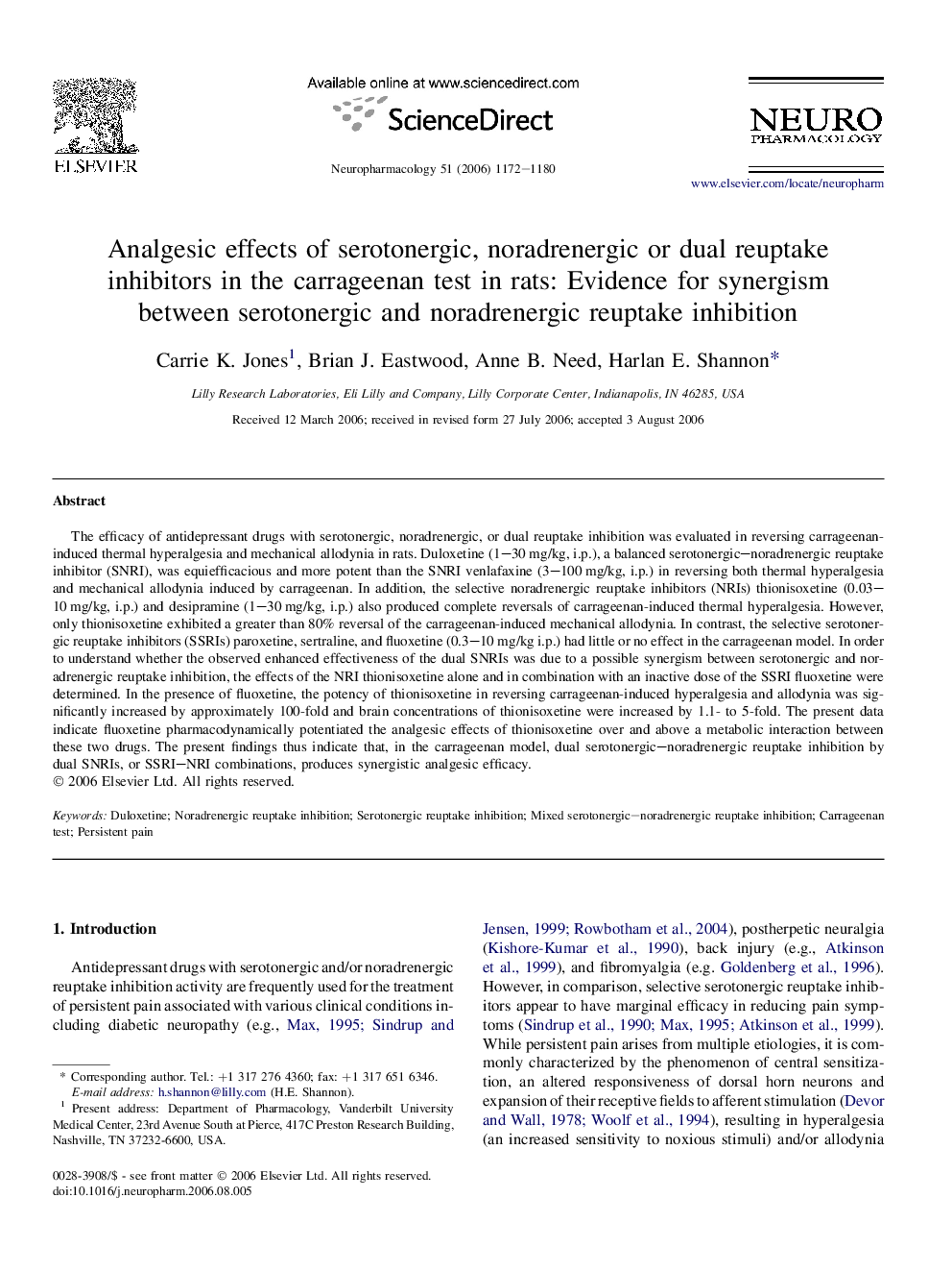 Analgesic effects of serotonergic, noradrenergic or dual reuptake inhibitors in the carrageenan test in rats: Evidence for synergism between serotonergic and noradrenergic reuptake inhibition