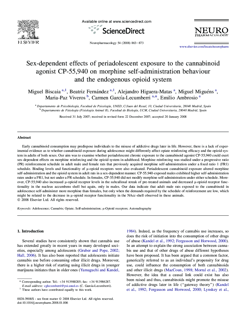 Sex-dependent effects of periadolescent exposure to the cannabinoid agonist CP-55,940 on morphine self-administration behaviour and the endogenous opioid system