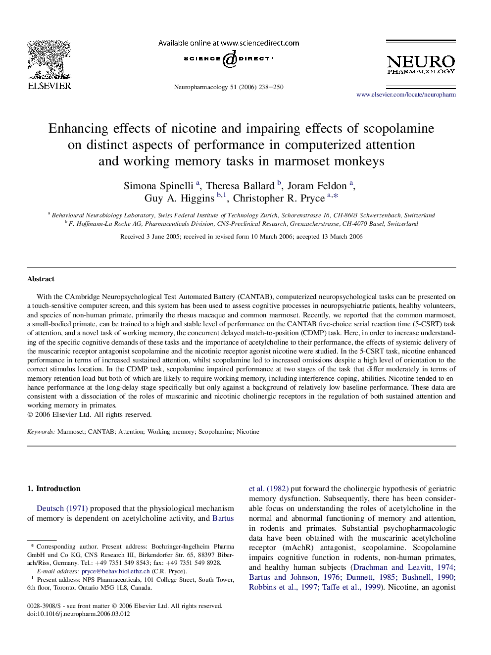 Enhancing effects of nicotine and impairing effects of scopolamine on distinct aspects of performance in computerized attention and working memory tasks in marmoset monkeys