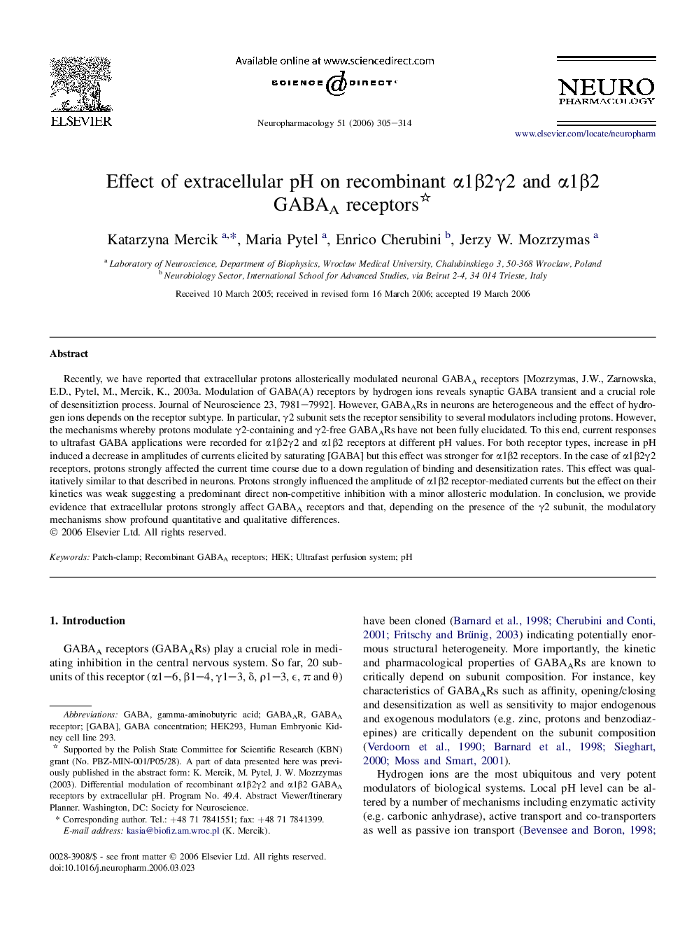 Effect of extracellular pH on recombinant α1β2γ2 and α1β2 GABAA receptors 